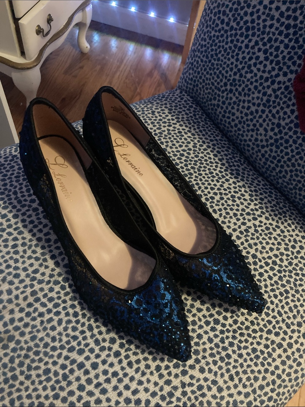 Sequin Pointed-Toe Flats in Black and Deep Blue by L. Lorraine